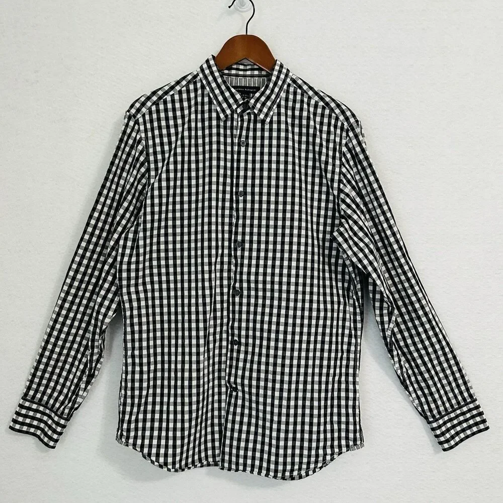 Banana Republic Shirt Men M 15-15 1/2 Black White Plaid Button Down Casual Prepy